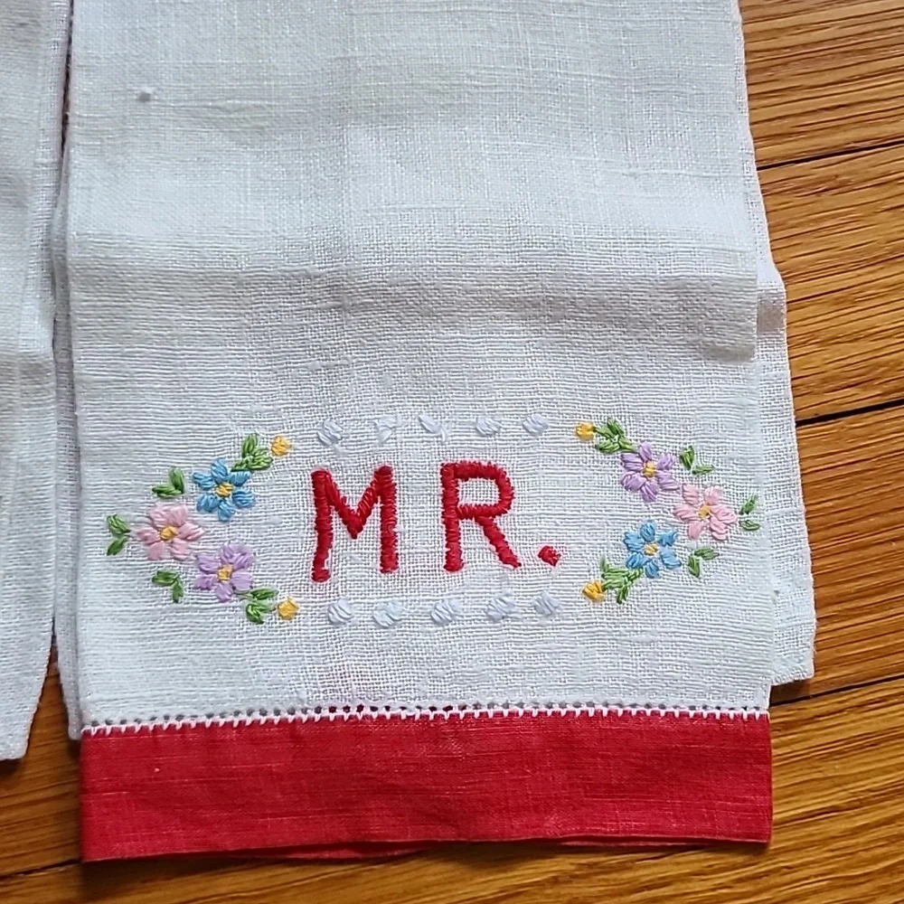 Vintage Hand Embroidered Mr. & Mrs. Hand Towels